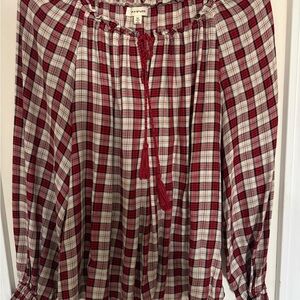 Max Studio Plaid Popover Top Womens Sz XS Red White Oversized Boho